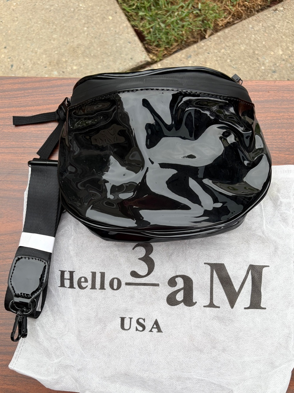 Hello 3AM Black Patent Crossbody Shoulder Bag Adjustable Strap NWT